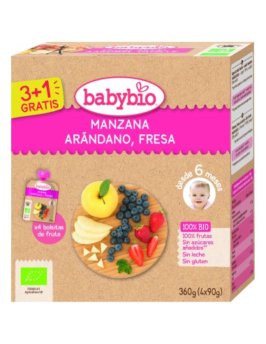 Babybio Puré Manzana Arándano Fresa Bio 4X90G