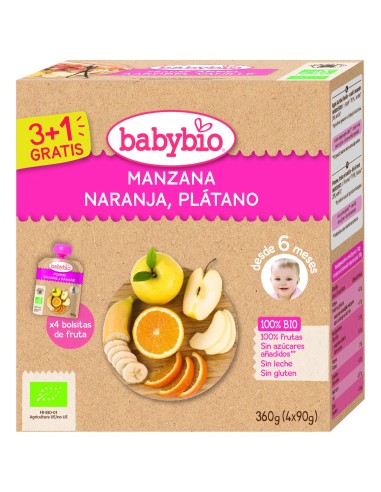 Babybio Puré Manzana Naranja Plátano Bio 4X90G